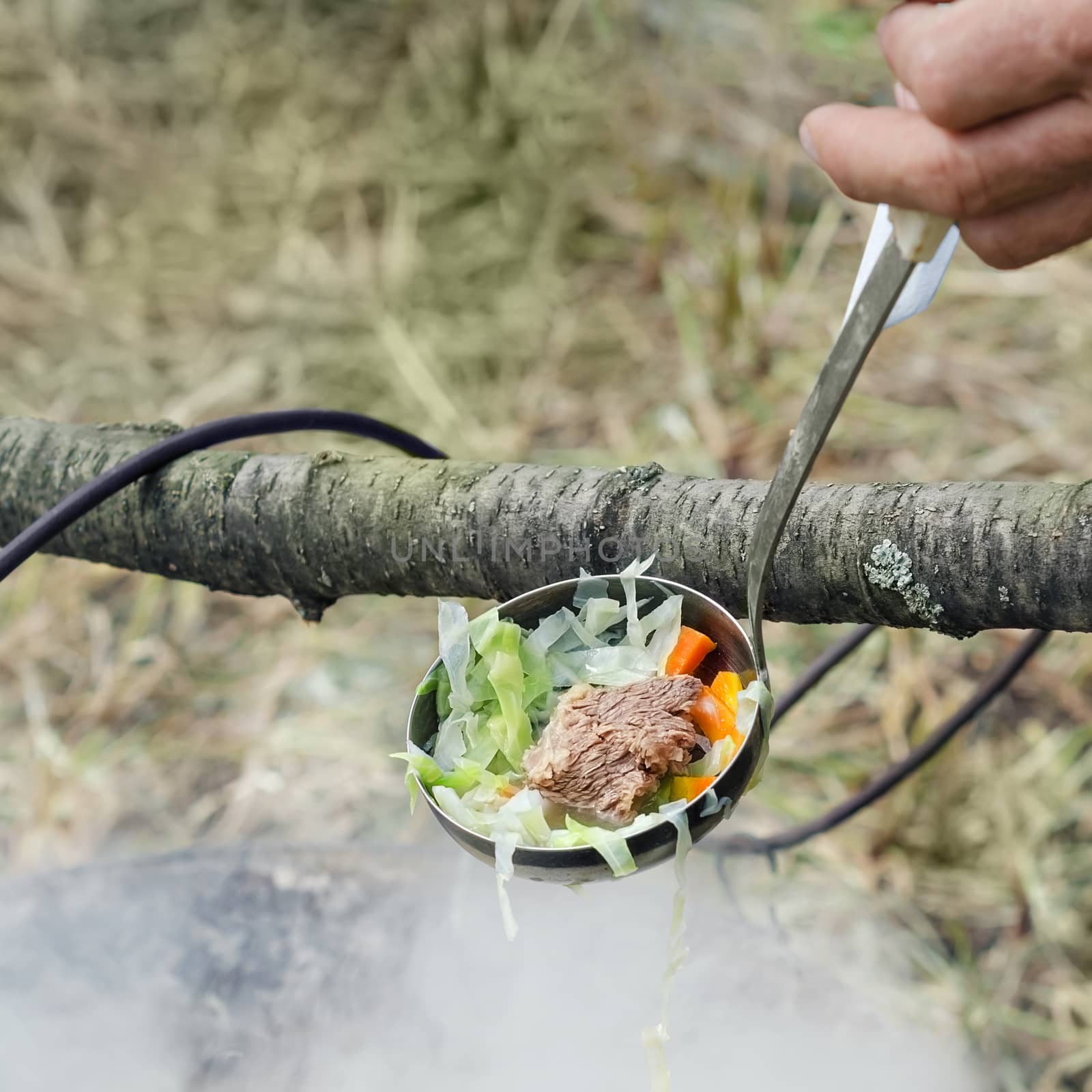 Ladle soup with meat and vegetables over a steaming pot on the picnic