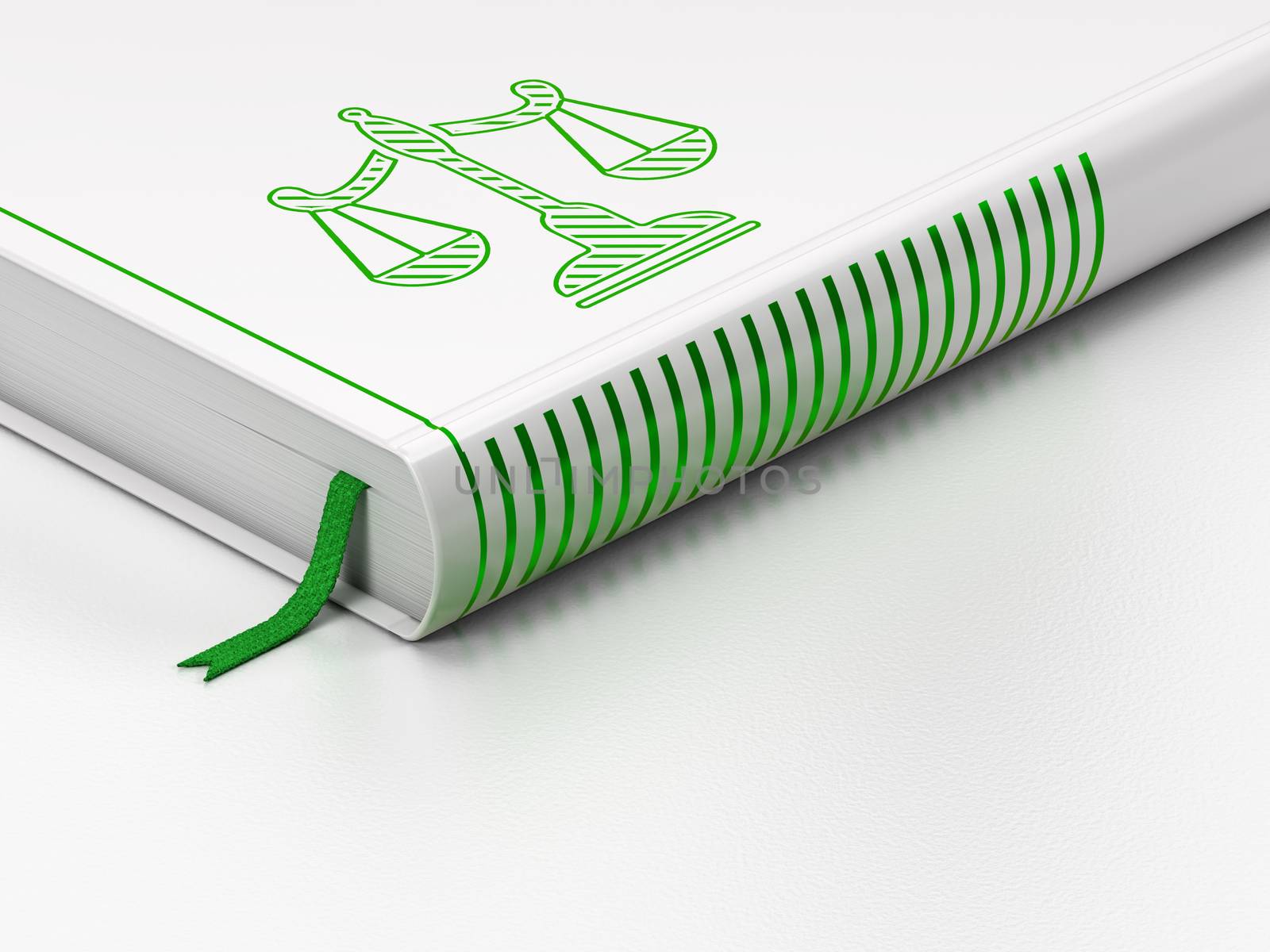 Law concept: closed book with Green Scales icon on floor, white background, 3D rendering