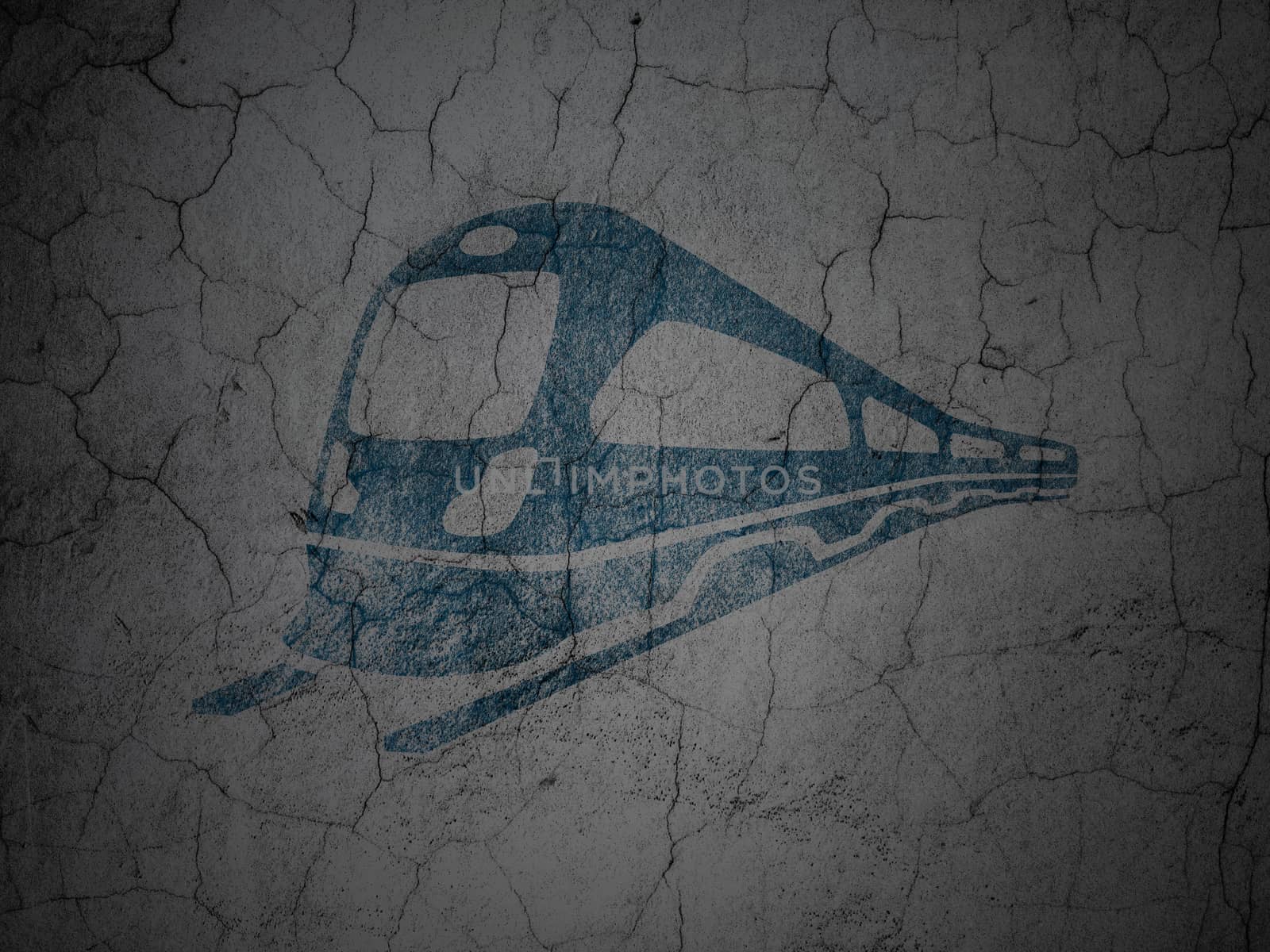 Travel concept: Blue Train on grunge textured concrete wall background