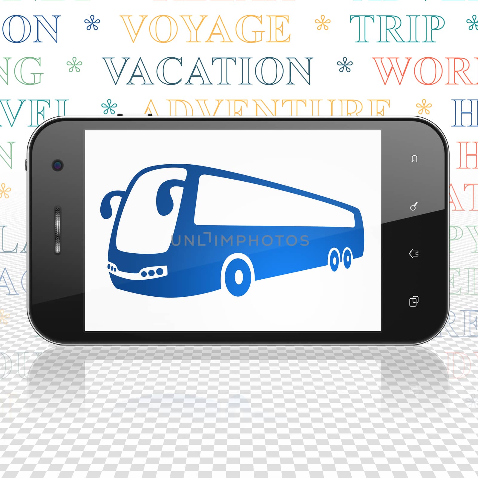 Tourism concept: Smartphone with  blue Bus icon on display,  Tag Cloud background, 3D rendering