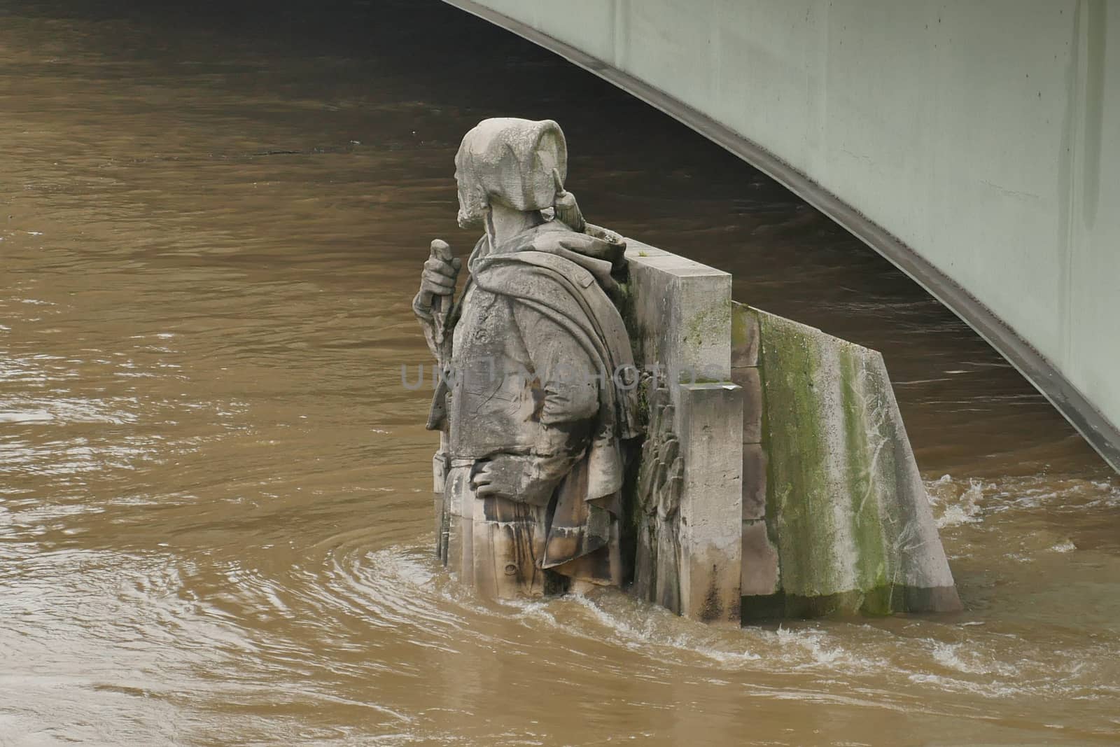 Zouave statue is most famous feature of Pont de Alma, Zouave statue shows how high Seine has risen.