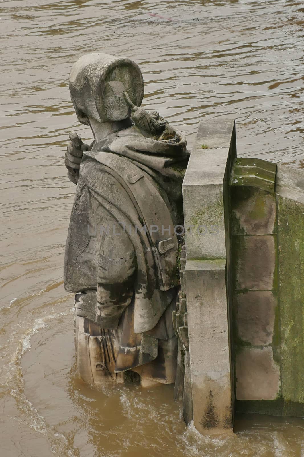 Zouave statue is most famous feature of Pont de Alma, Zouave statue shows how high Seine has risen.