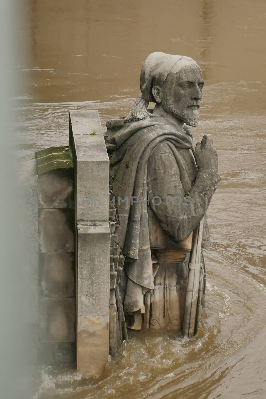 Zouave statue is most famous feature of Pont de Alma, Zouave statue shows how high Seine has risen.