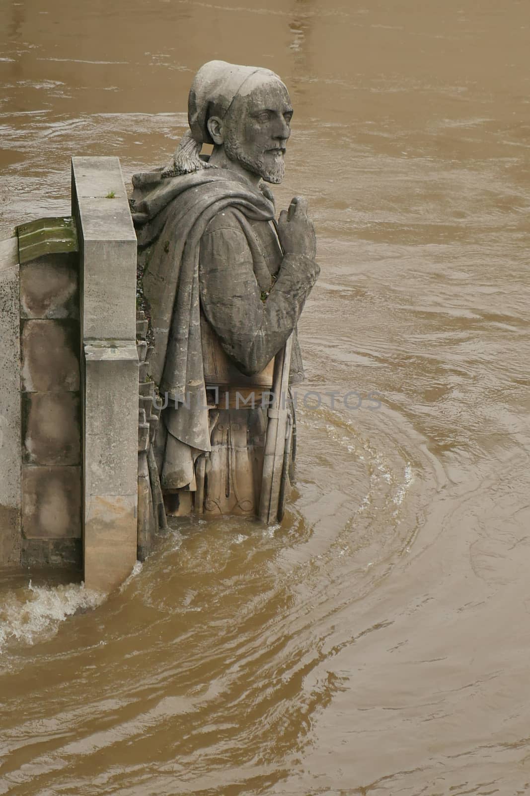 Zouave statue is most famous feature of Pont de Alma, Zouave statue shows how high Seine has risen.