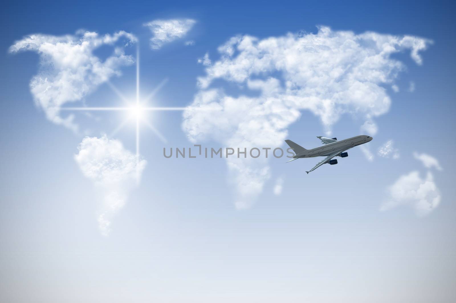 Map made of clouds in the sky with flying plane in the distance 