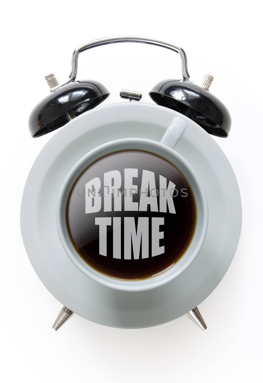 Alarm clock with coffee cup in the middle over a white background