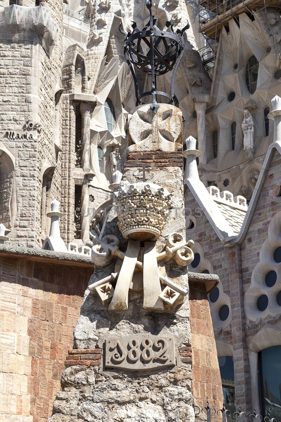 BARCELONA, SPAIN - MAY 13, 2016 : Details of Sagrada Familia, church  designed by Spanish architect Antoni Gaudi. Catholic church still built since March 1882, is a combination of Gothic style and curvilinear Art Nouveau forms.