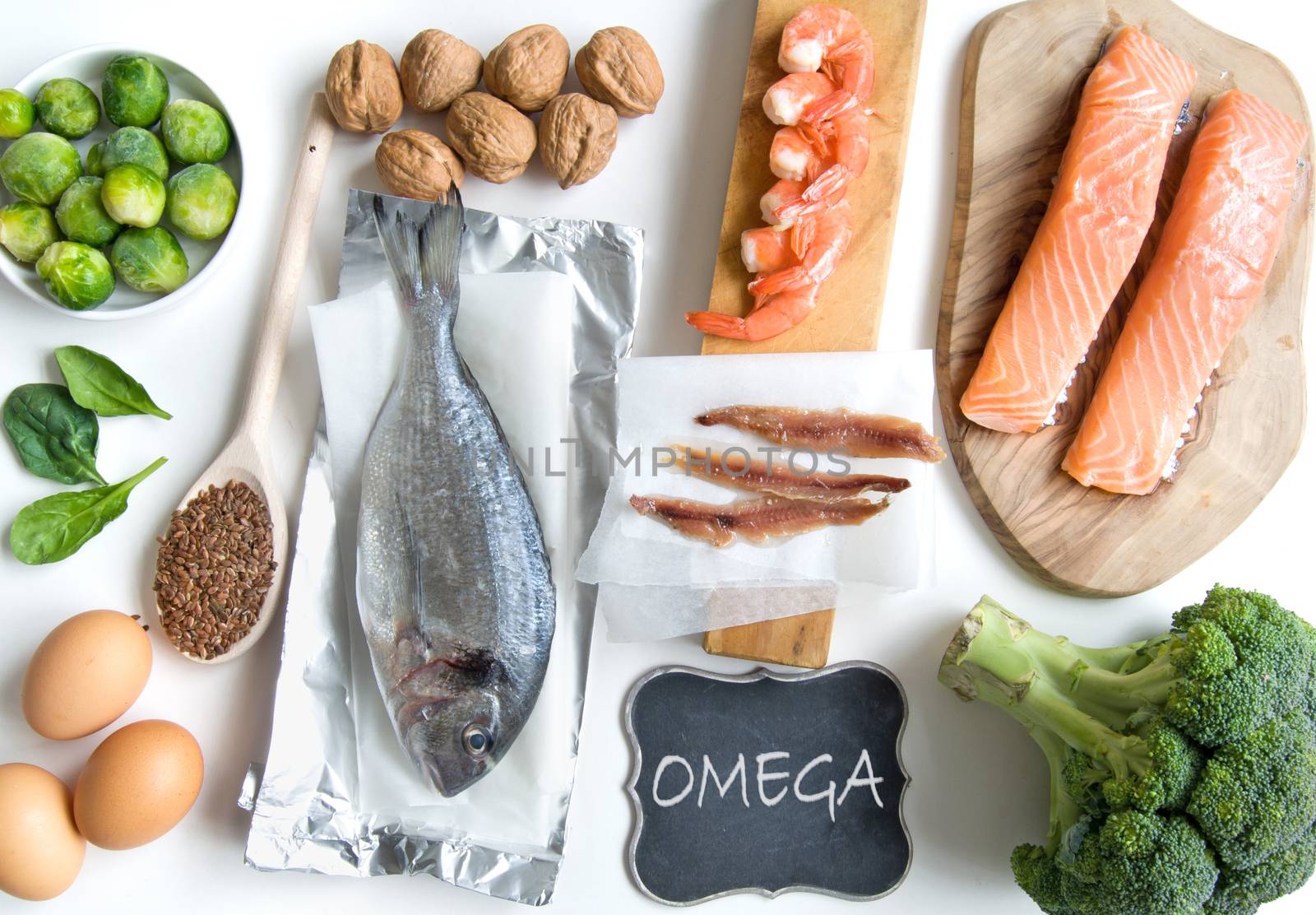 Food sources rich in omega including seafood, vegetables and seeds 