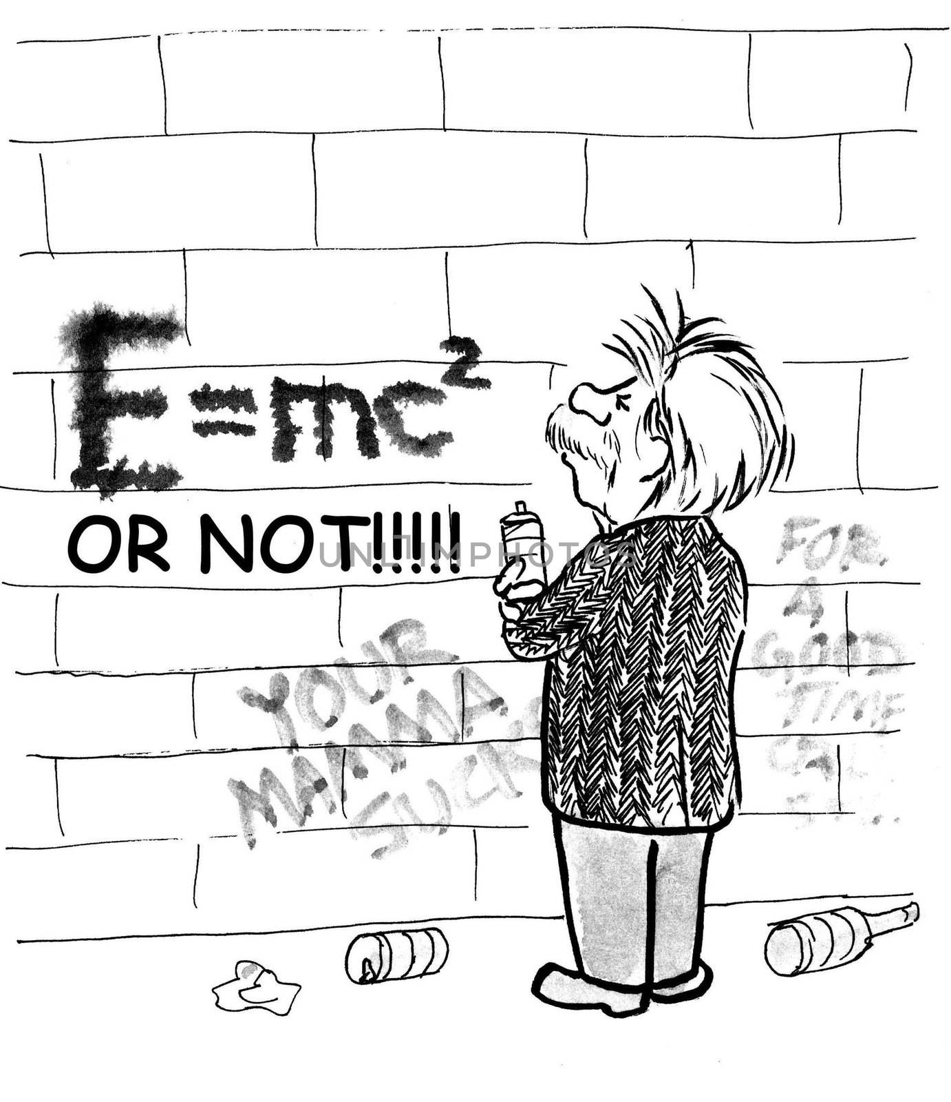 Einstein is solving his great energy equation with spray painted graffiti.