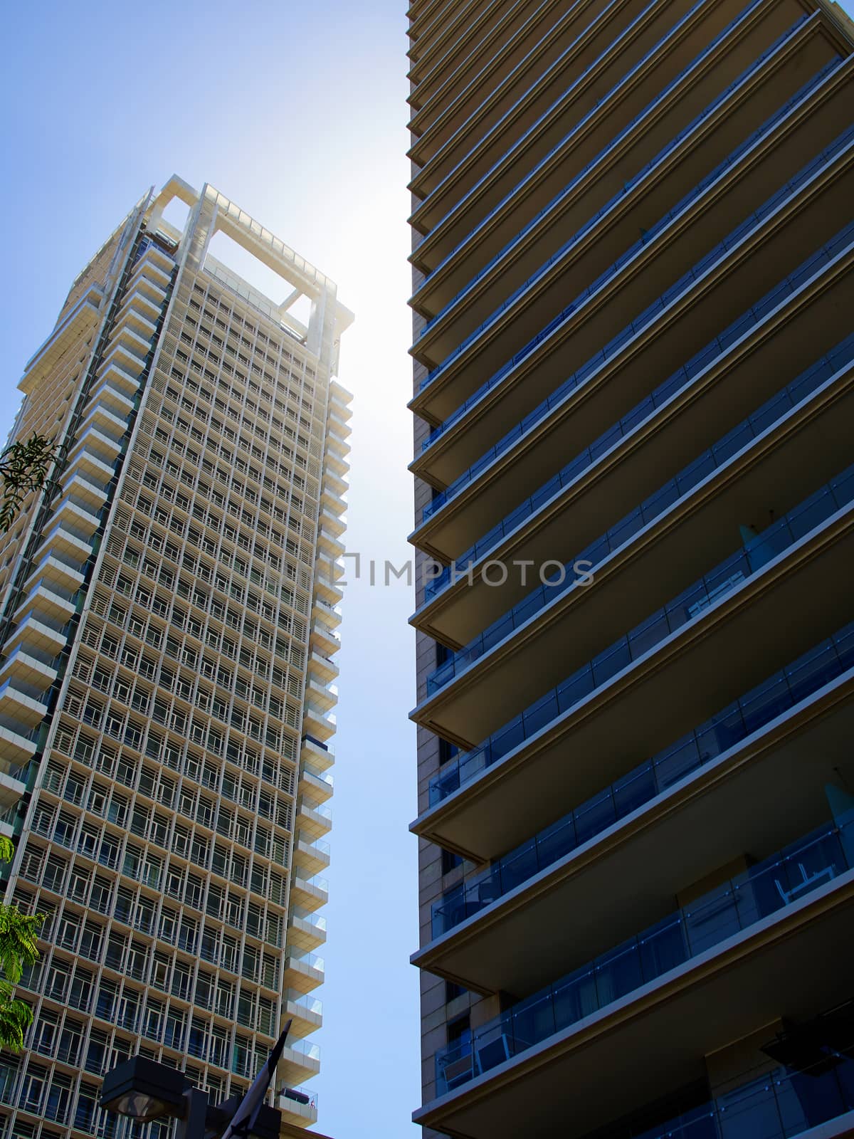 Modern urban city landscape of skyscrapers with clear blue sky background