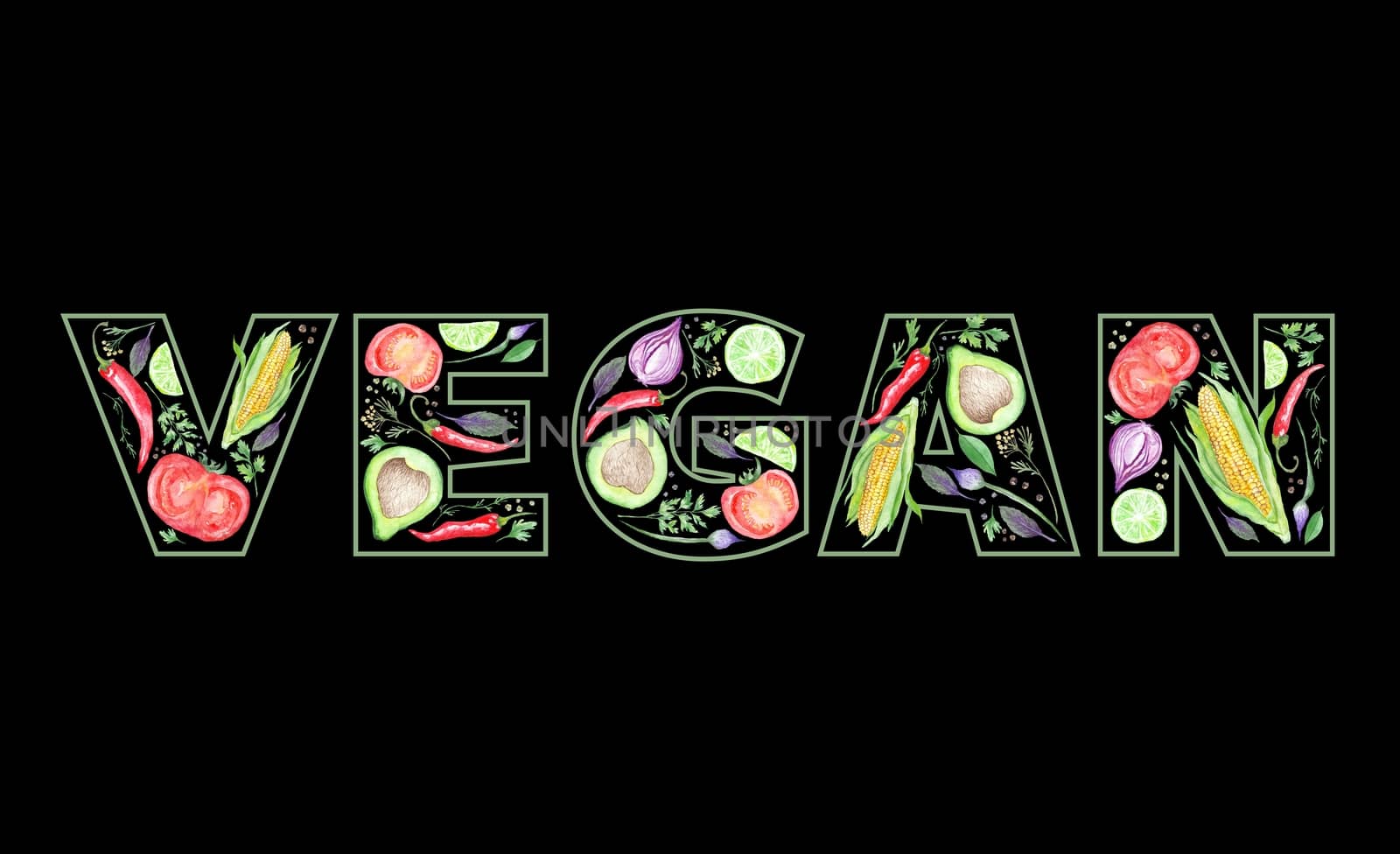 Creative vegetarian print with watercolor vegetables healthy food inside letters on black background