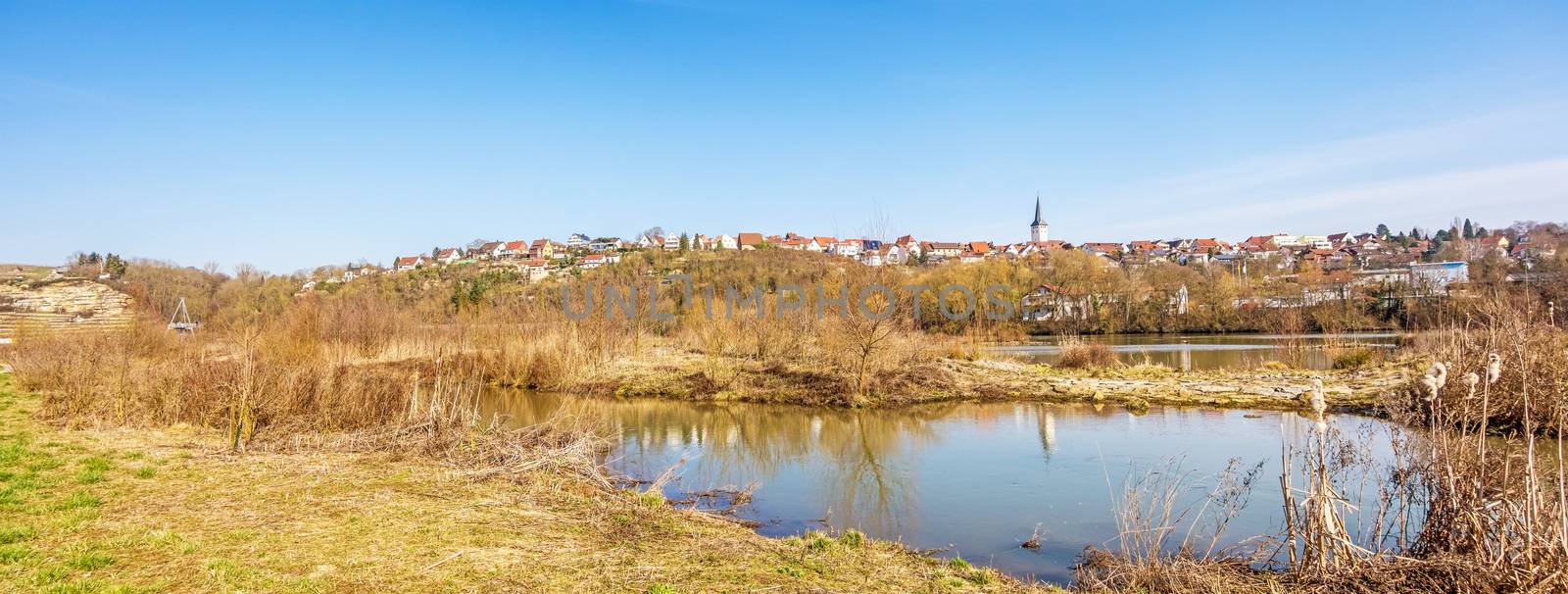 Village of Poppenweiler, panorama view from natural reserve "Zugwiesen" at river Neckar