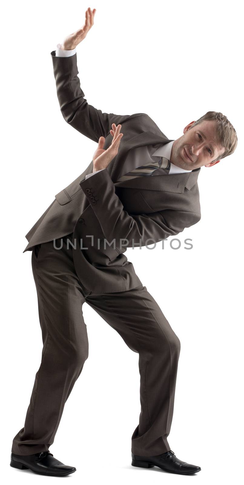 Embarrassed caucasian businessman in business formal outfit defending with body isolated on white background