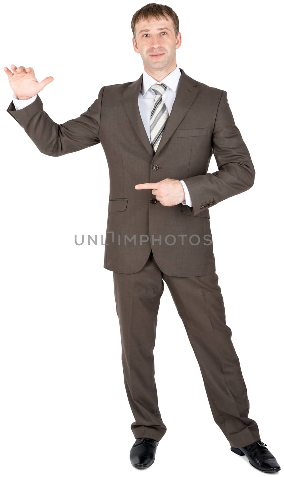 Young man presenting your product, isolated over white background