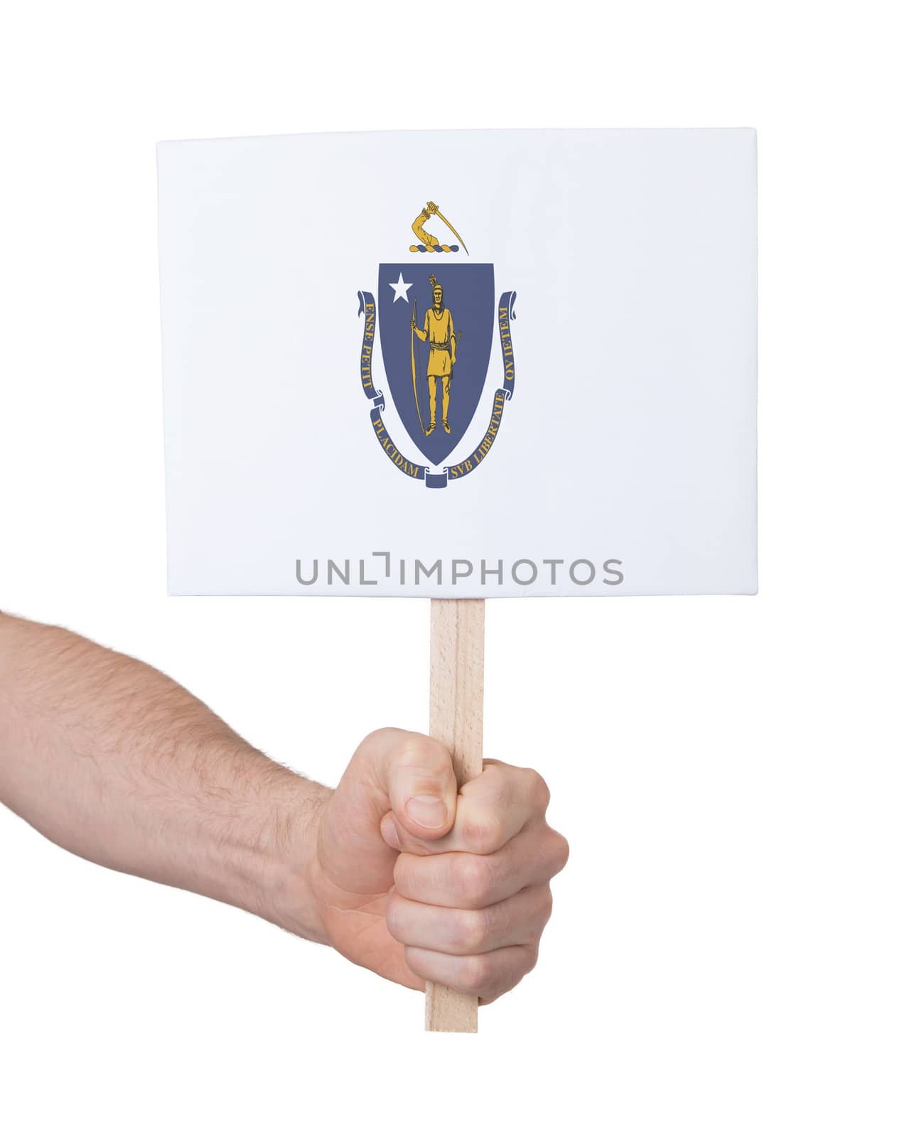 Hand holding small card, isolated on white - Flag of Massachusetts