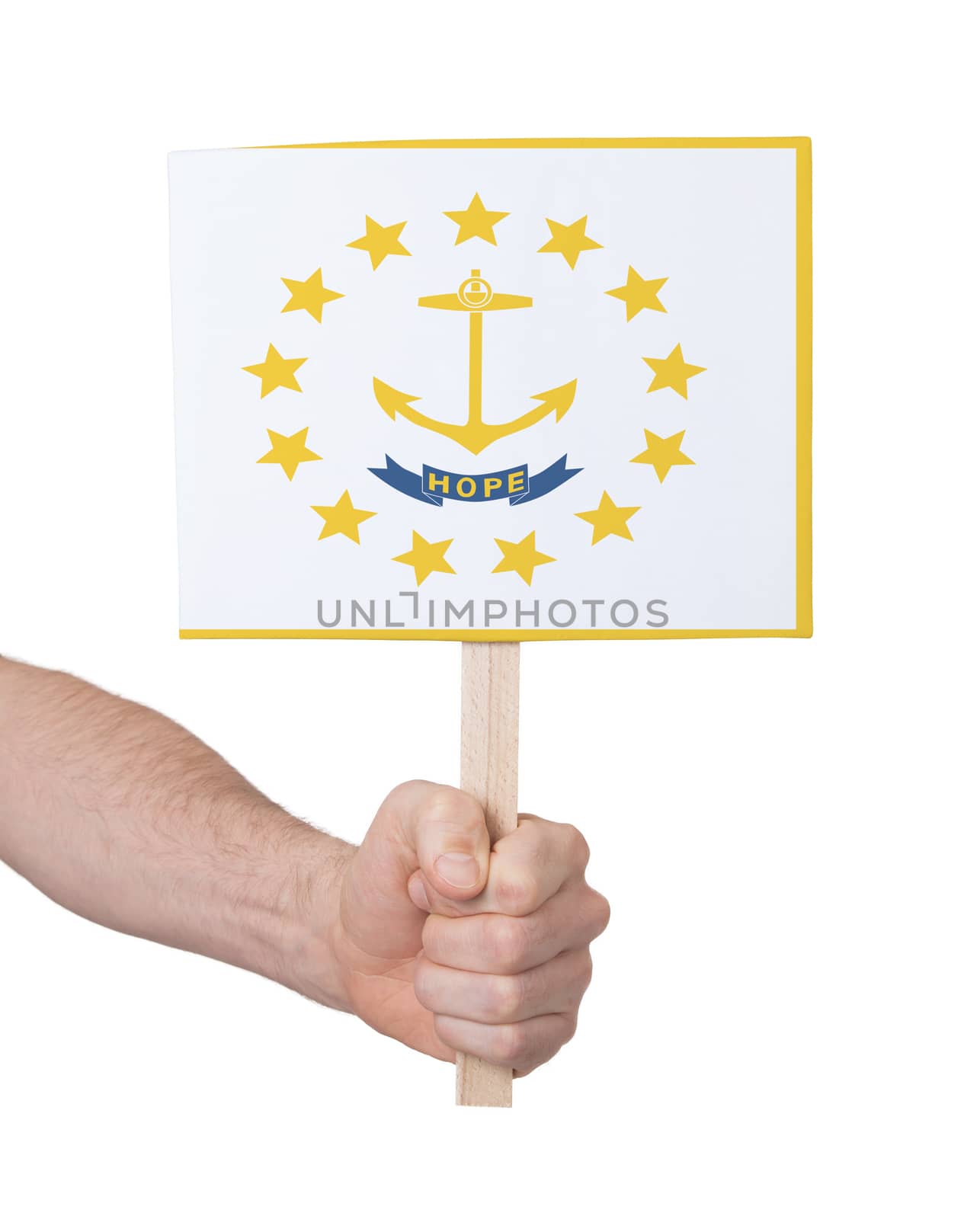 Hand holding small card, isolated on white - Flag of Rhode Island