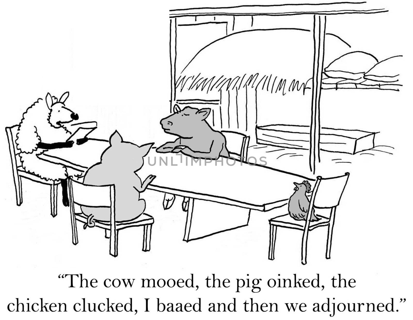 "The cow mooed, the pig oinked, the chicken clucked, I baaed and them we went home."