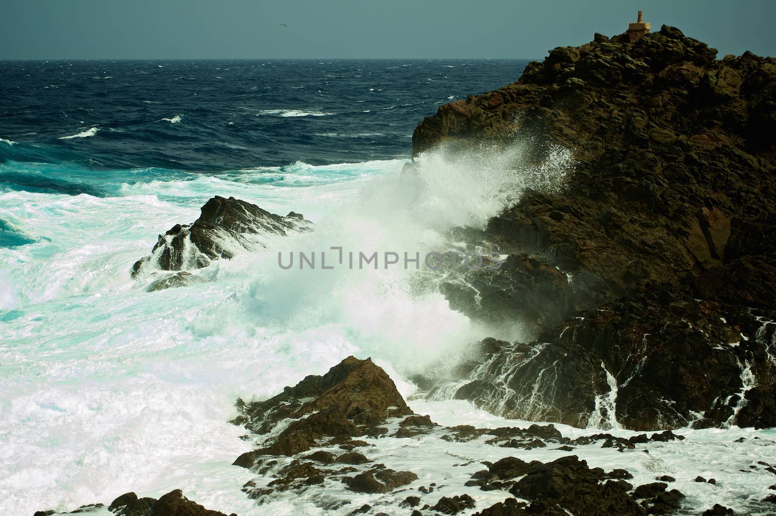 Dramatic Sea Waves Broken Rocks near Cabo Favaritx, North East Coast of Menorca, Balearic Islands