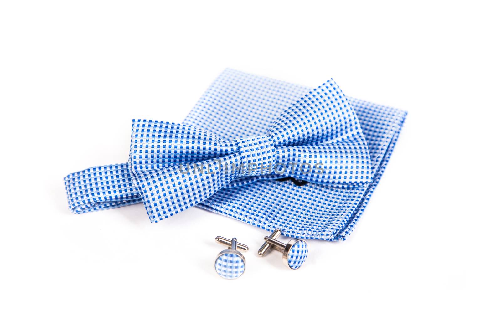 Bow tie, handkerchief and cufflinks. Wedding accessories groom