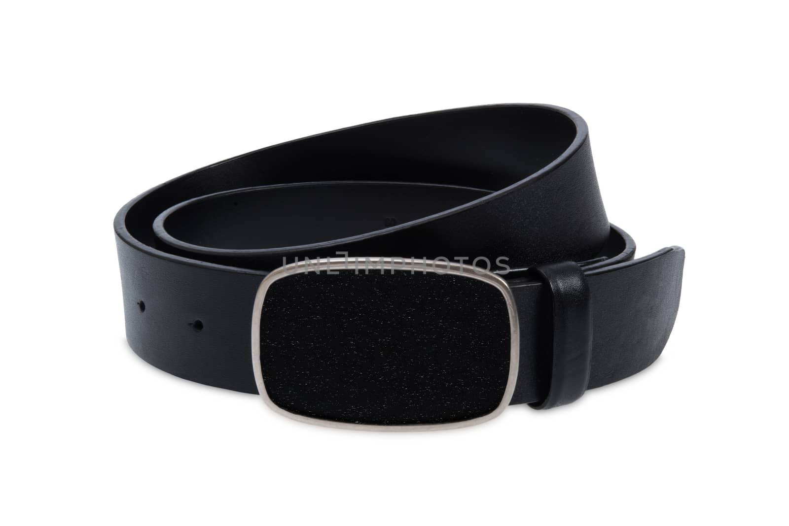 Leather black belt with metal black buckle on white background