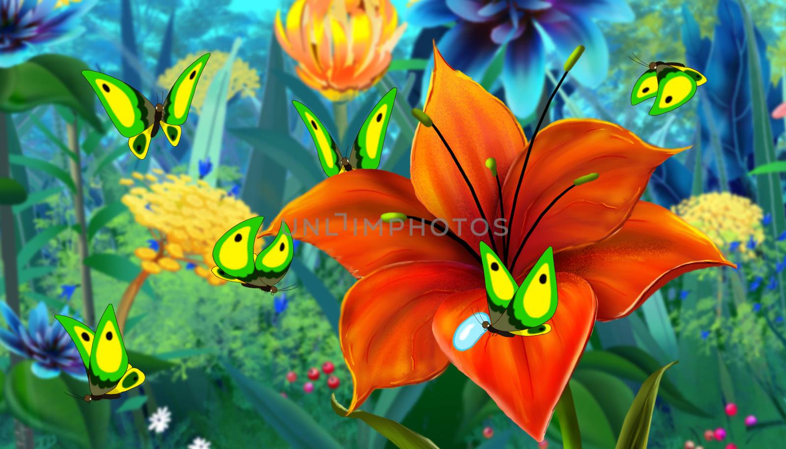 Green  Butterfly Flew on a Flower. Digital painting  cartoon style full color illustration.