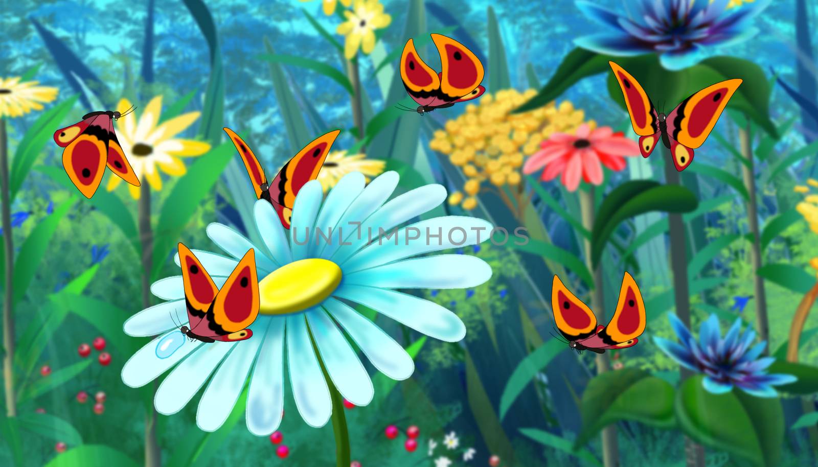 Red  Butterfly Flew on a Flower. Digital painting  cartoon style full color illustration.