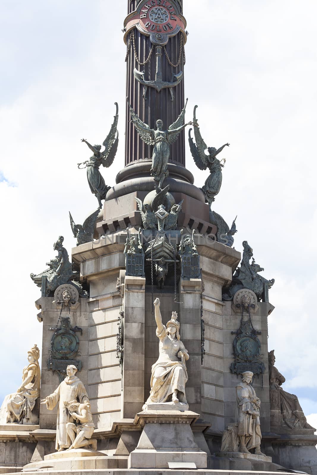 Details of Columbus Monument, Barcelona, Spain. Bronze statue  sculpted by Rafael Atche, situated on top of a 40-meter Corinthian column.