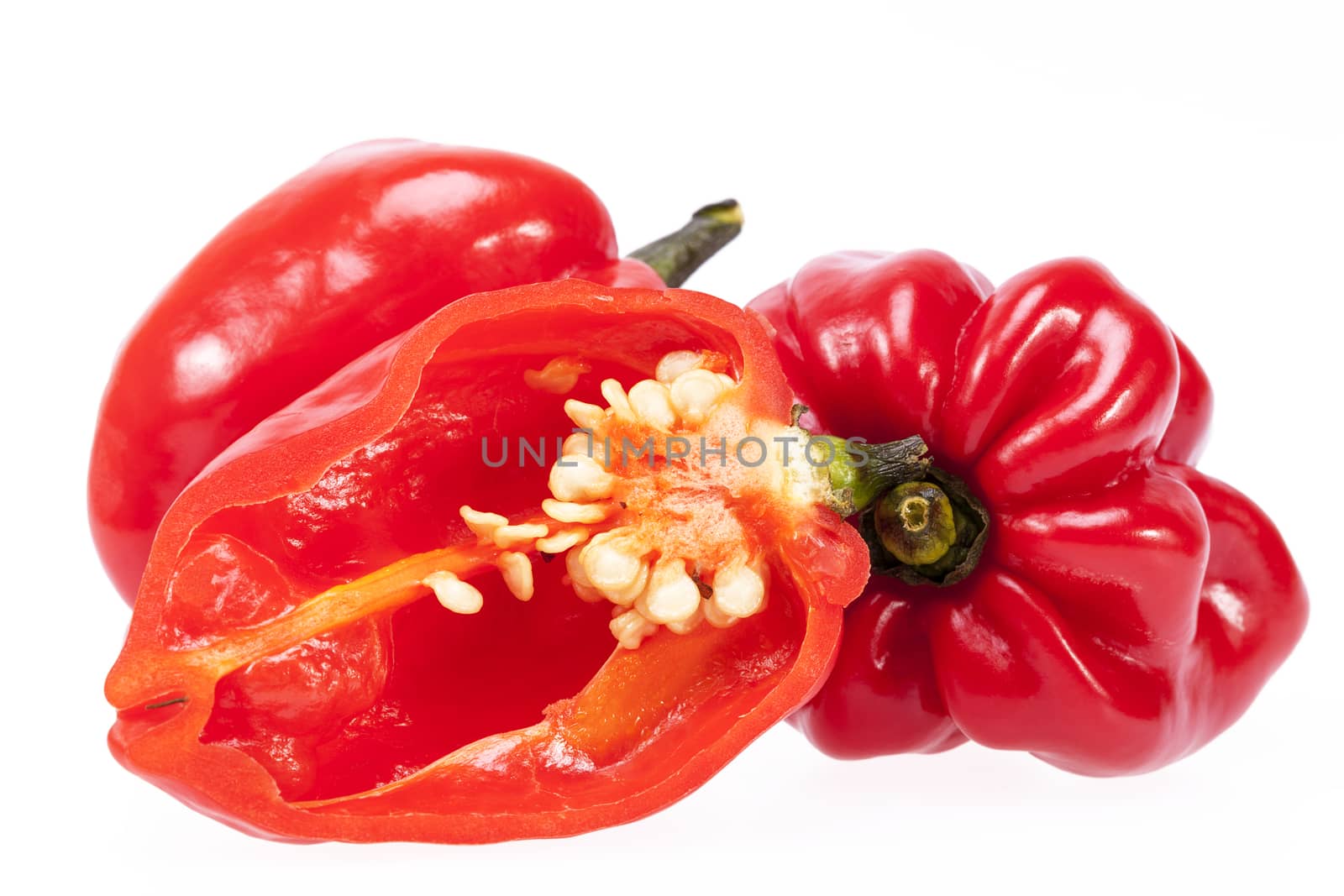 some vegetable of red chili pepper habanero isolated on white background.