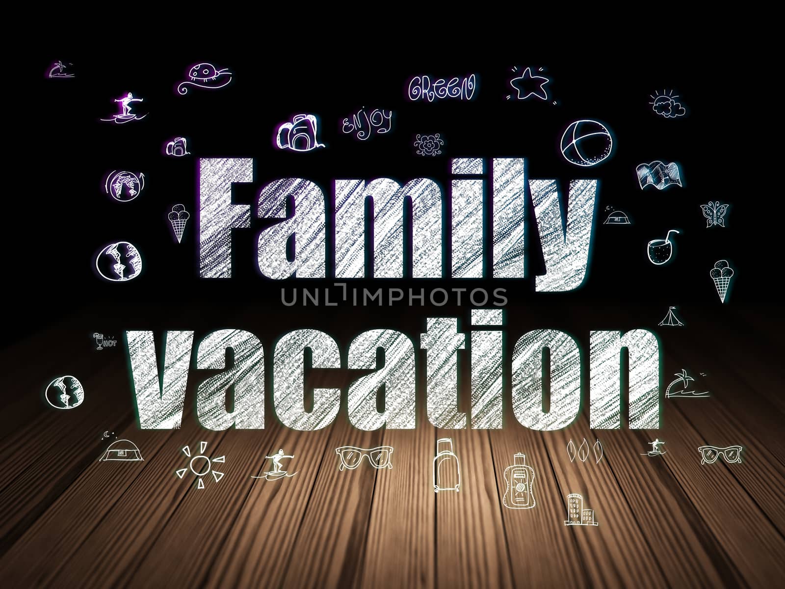 Travel concept: Glowing text Family Vacation,  Hand Drawn Vacation Icons in grunge dark room with Wooden Floor, black background