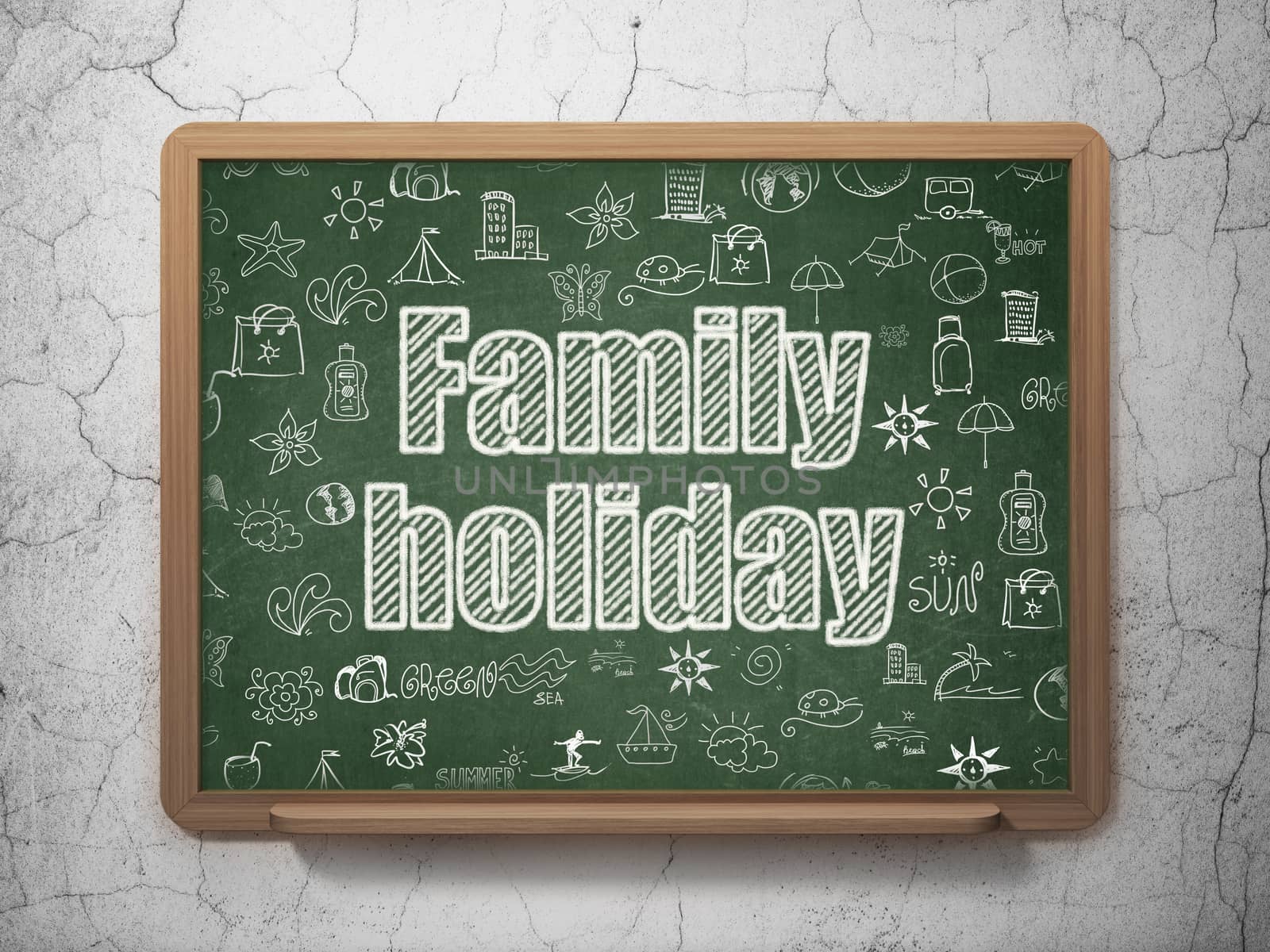 Travel concept: Chalk White text Family Holiday on School board background with  Hand Drawn Vacation Icons, 3D Rendering