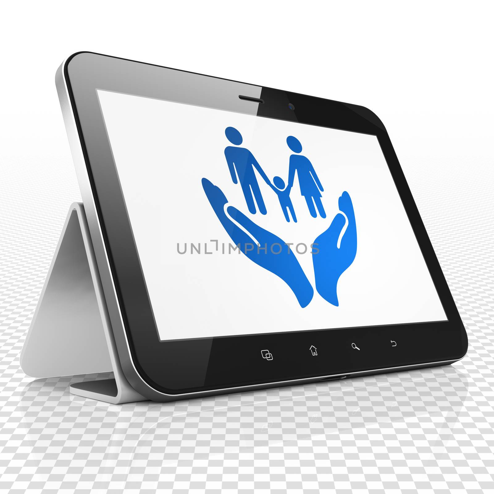 Insurance concept: Tablet Computer with blue Family And Palm icon on display, 3D rendering