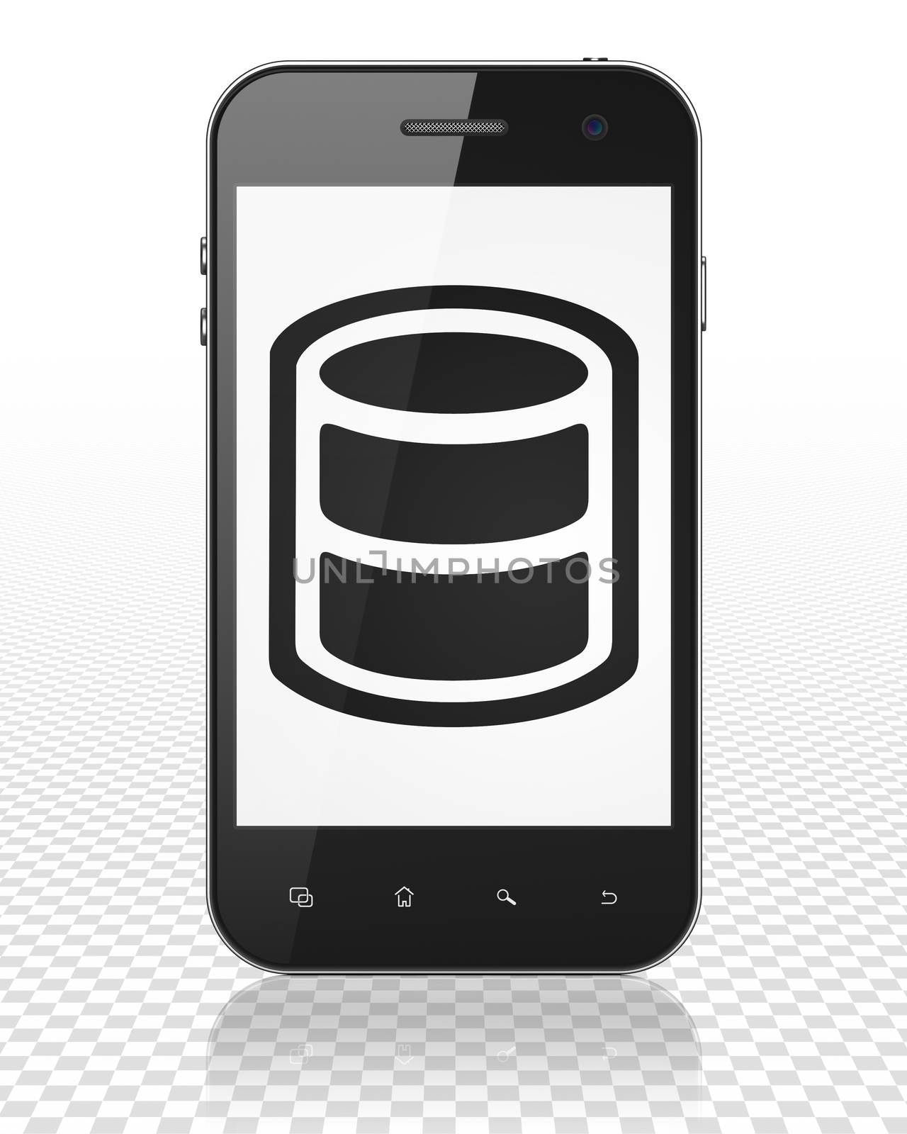 Software concept: Smartphone with black Database icon on display, 3D rendering