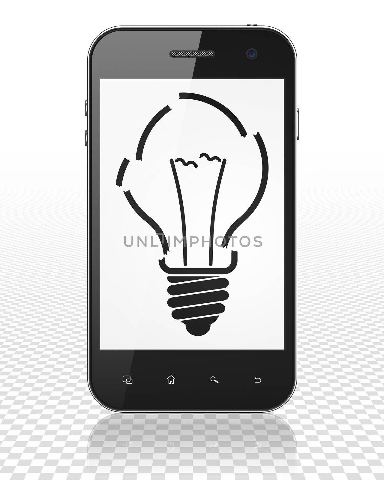 Finance concept: Smartphone with black Light Bulb icon on display, 3D rendering
