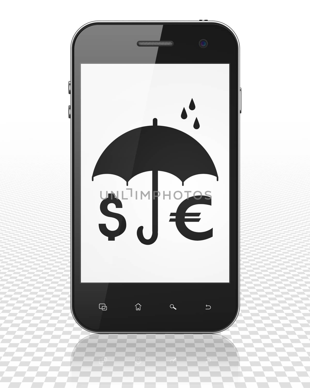Safety concept: Smartphone with black Money And Umbrella icon on display, 3D rendering