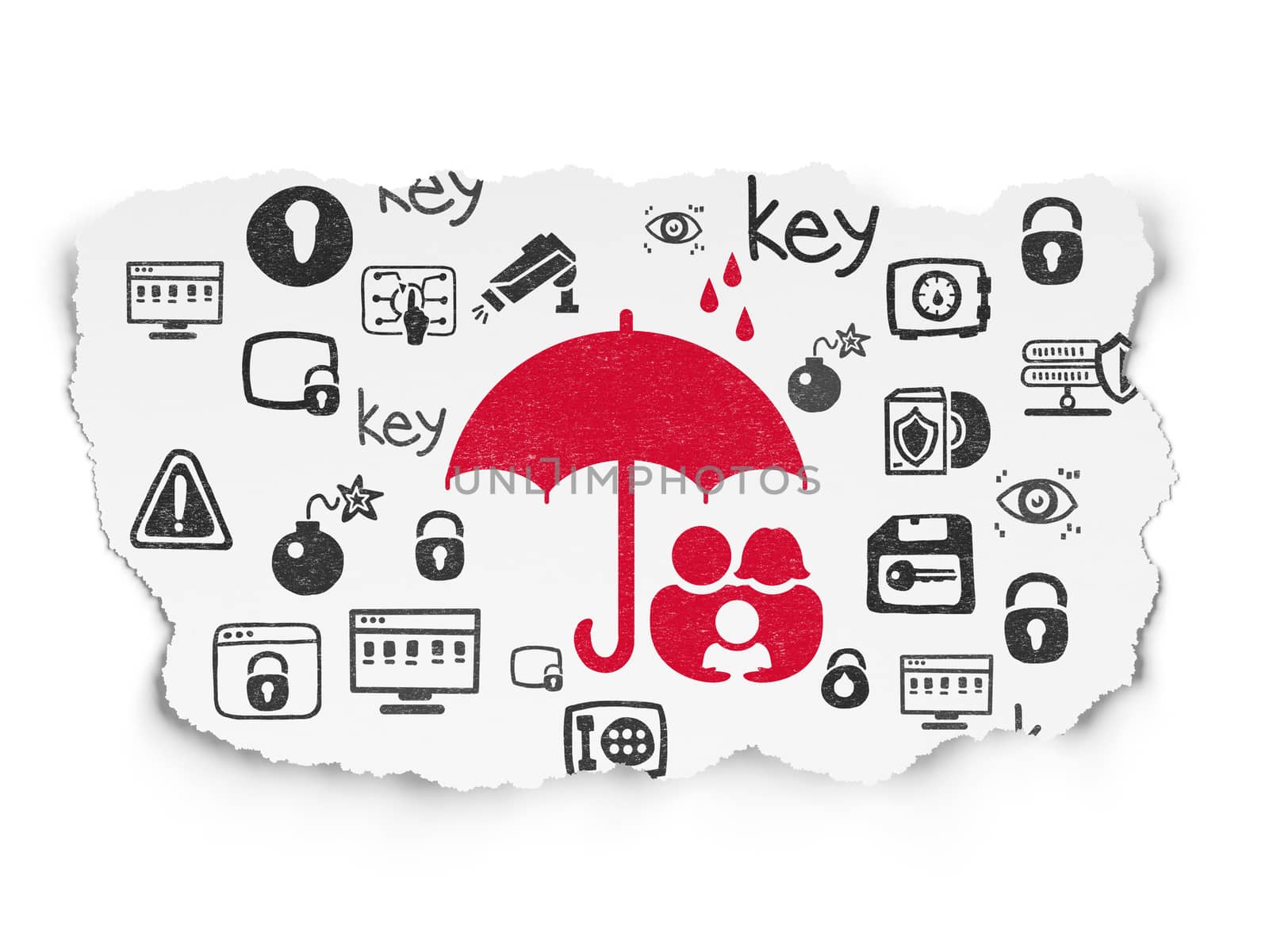 Protection concept: Painted red Family And Umbrella icon on Torn Paper background with  Hand Drawn Security Icons