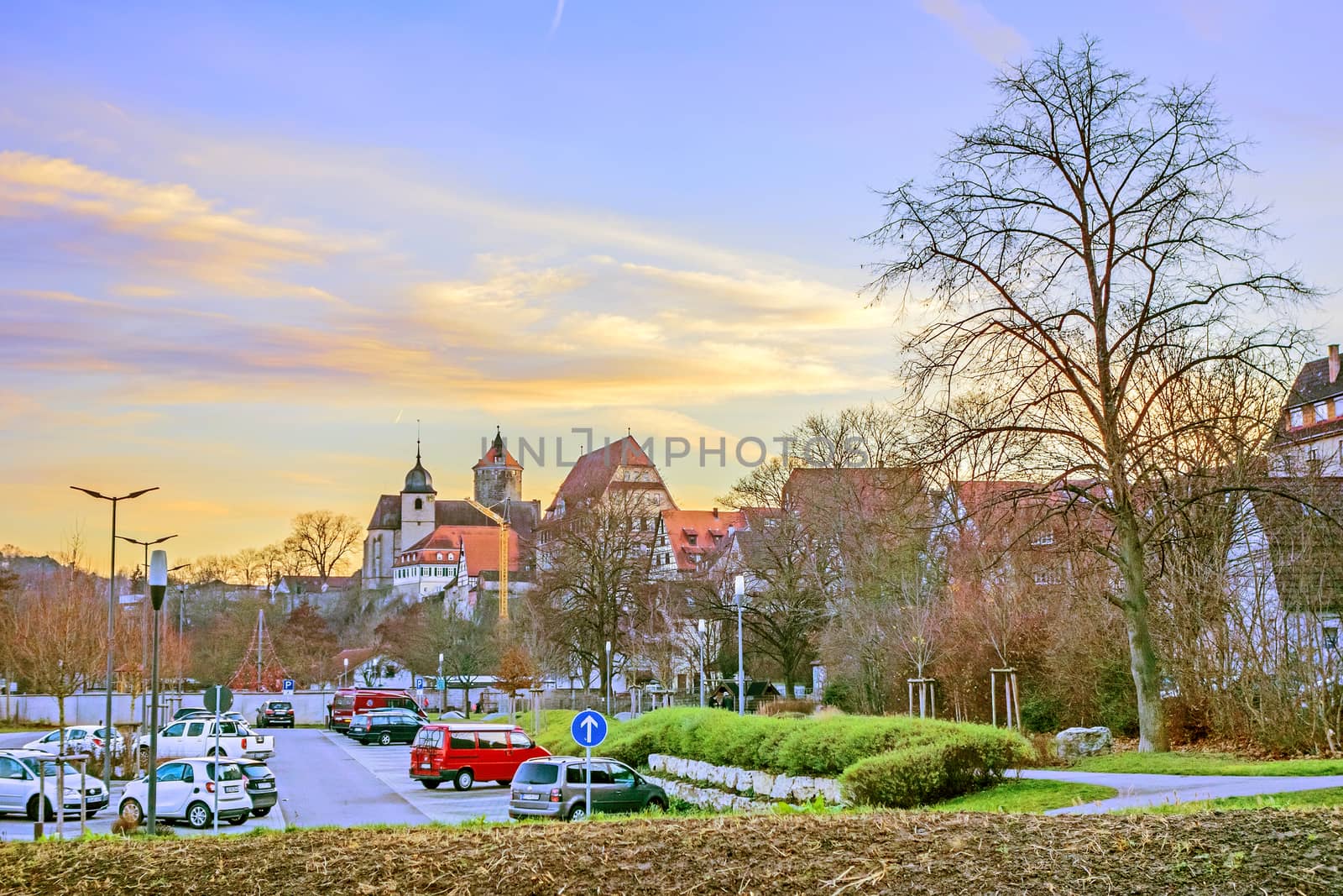 Besigheim, Germany - December 27, 2016: View of the old historic city district after sunset.