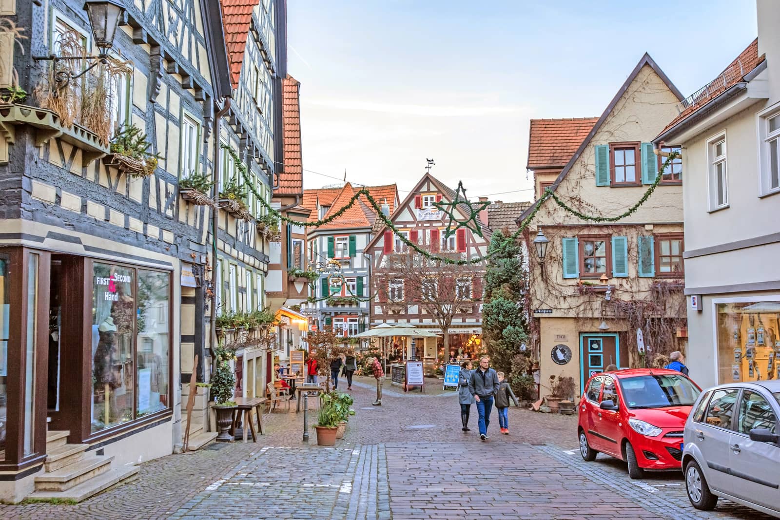 Besigheim, Germany - December 27, 2016: Half-timbered houses in the old historic city district.