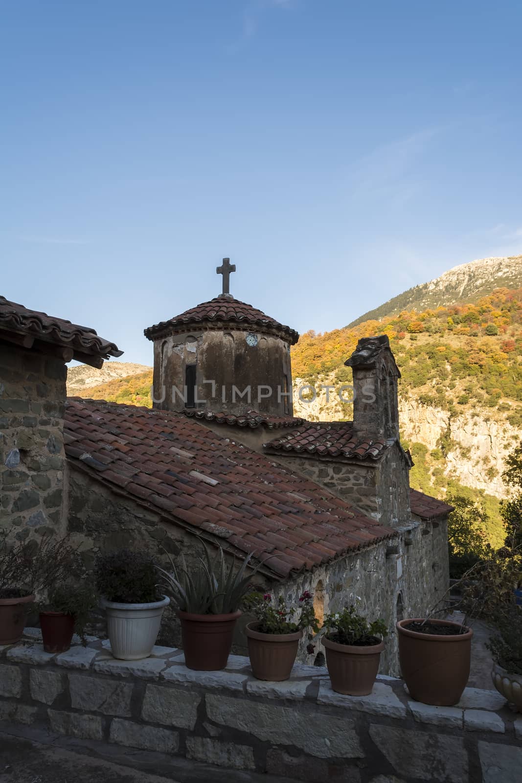 The New Philosophou Monastery was founded in 1691. The monastery with the remarkable carven chancel screen is located on the west side of Loussios Gorge.