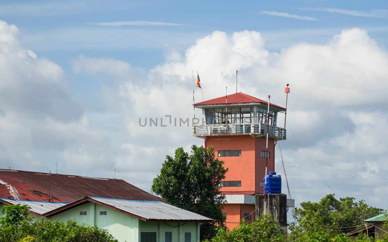 Airport control tower in Myeik, Myanmar, one several small airports all over the country. Due to its lacking road and railway infrastructure, Myanmar relies heavily on air transport for people to get between cities.