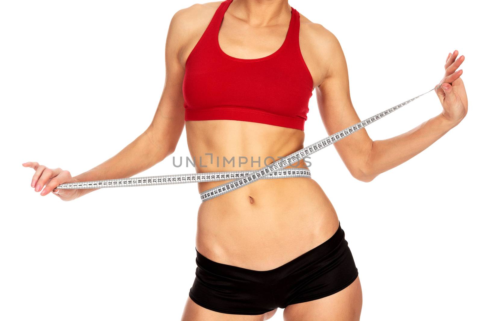 Thin woman with tape measure, isolated on a white background