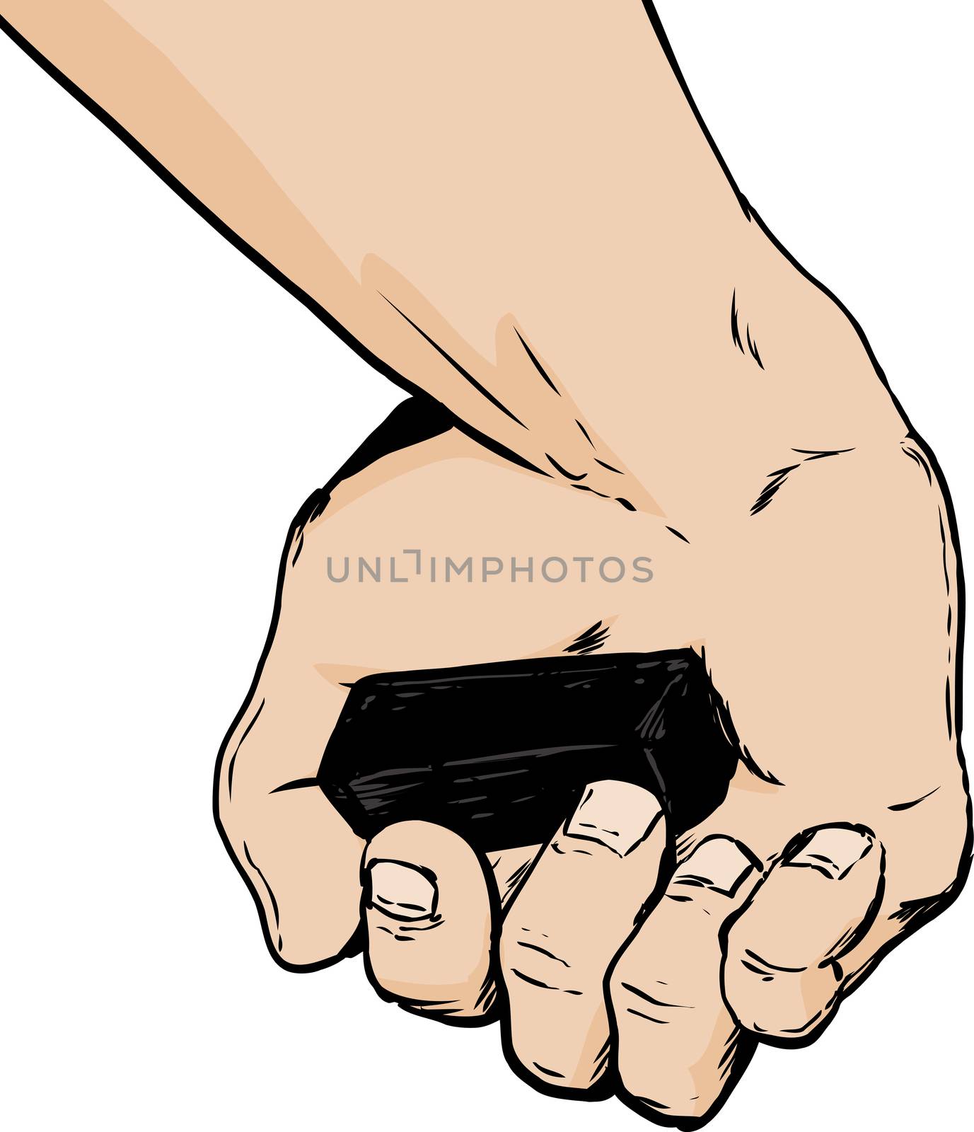 Cartoon close up on human hand holding fine art charcoal block over white background