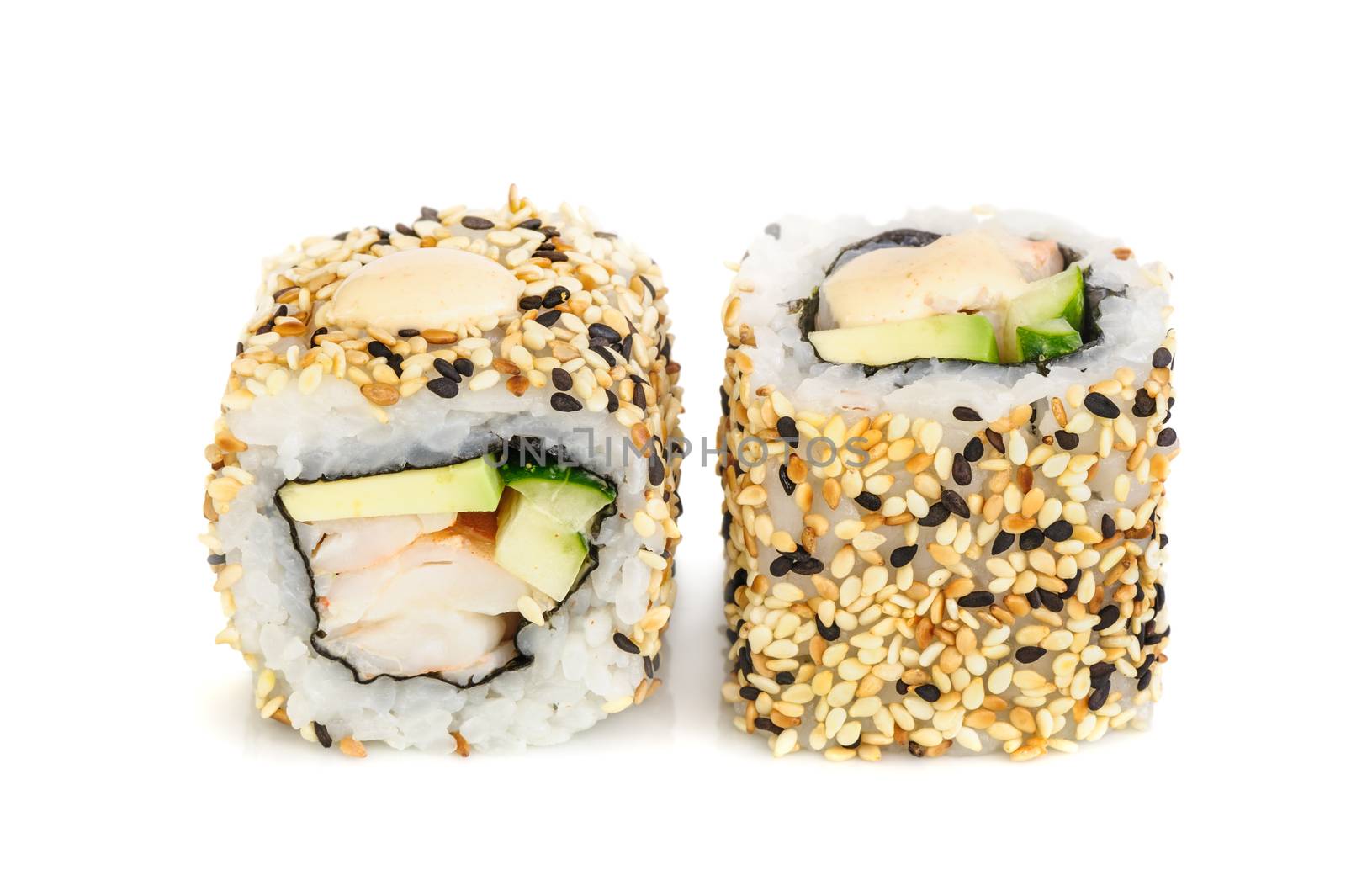 Uramaki maki sushi, two rolls isolated on white. Philadelphia cheese, crab meat, avocado, cucumber and sesame