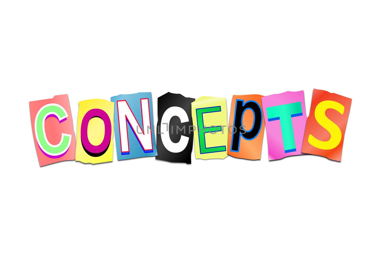 Illustration depicting a set of cut out printed letters arranged to form the word concept.