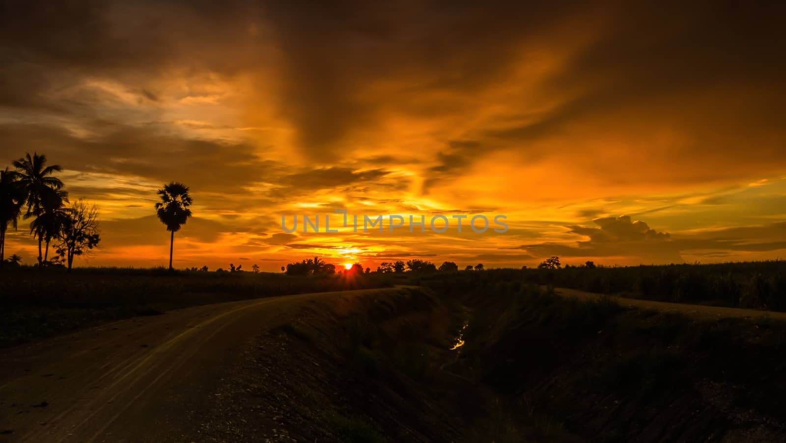 Beautiful rural sunset on the horizon, nature background, Thailand.