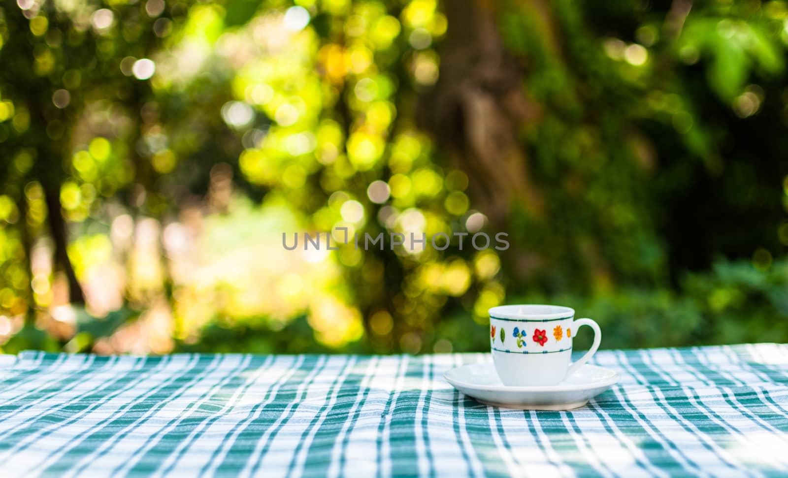 A little cup of coffe on a table in the garden