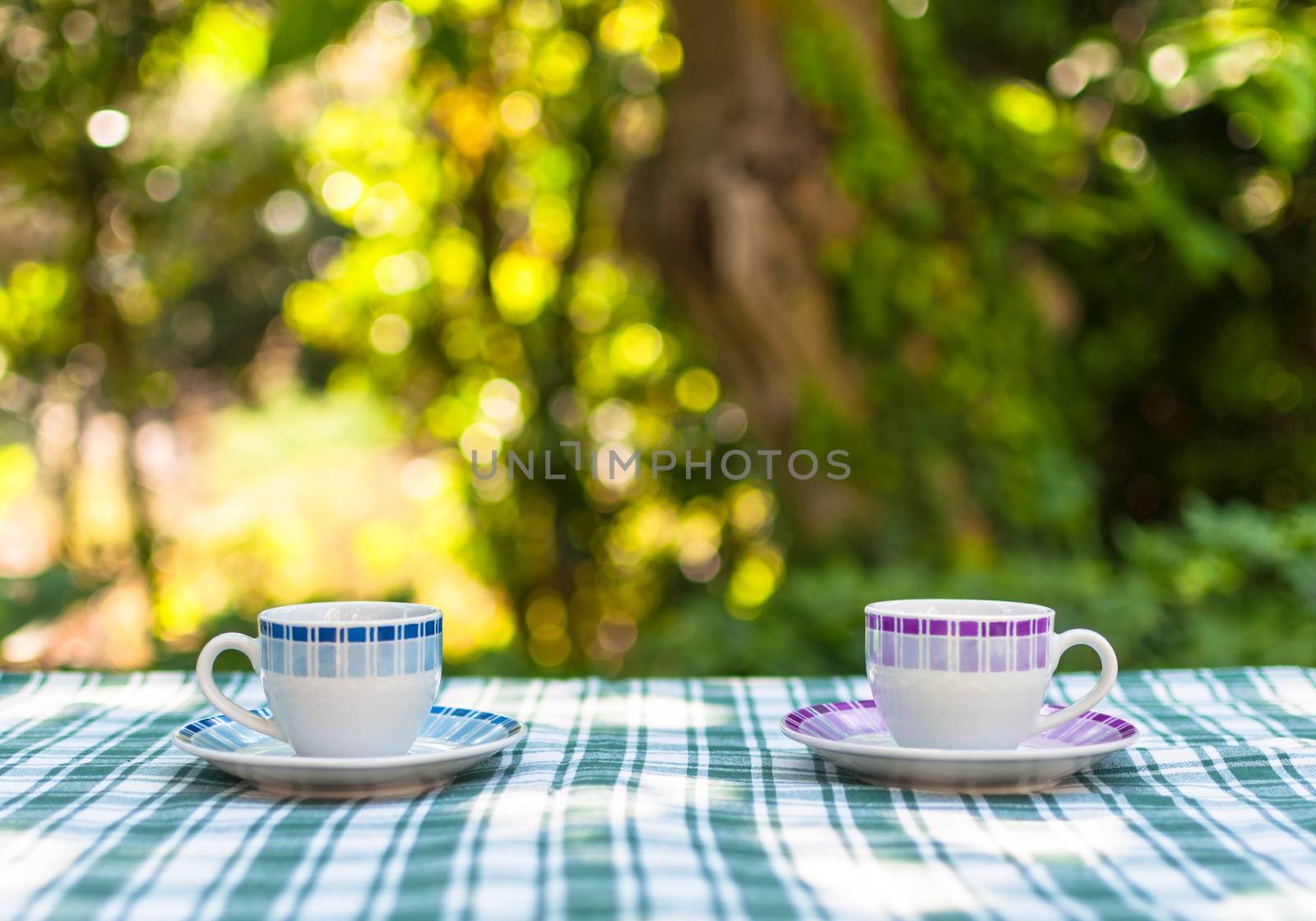 Two little cups of coffee on a table in a garden