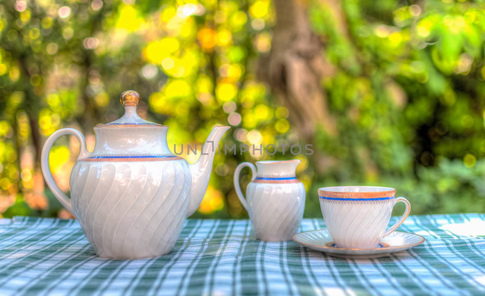 breakfast in the garden with a tea set on the table