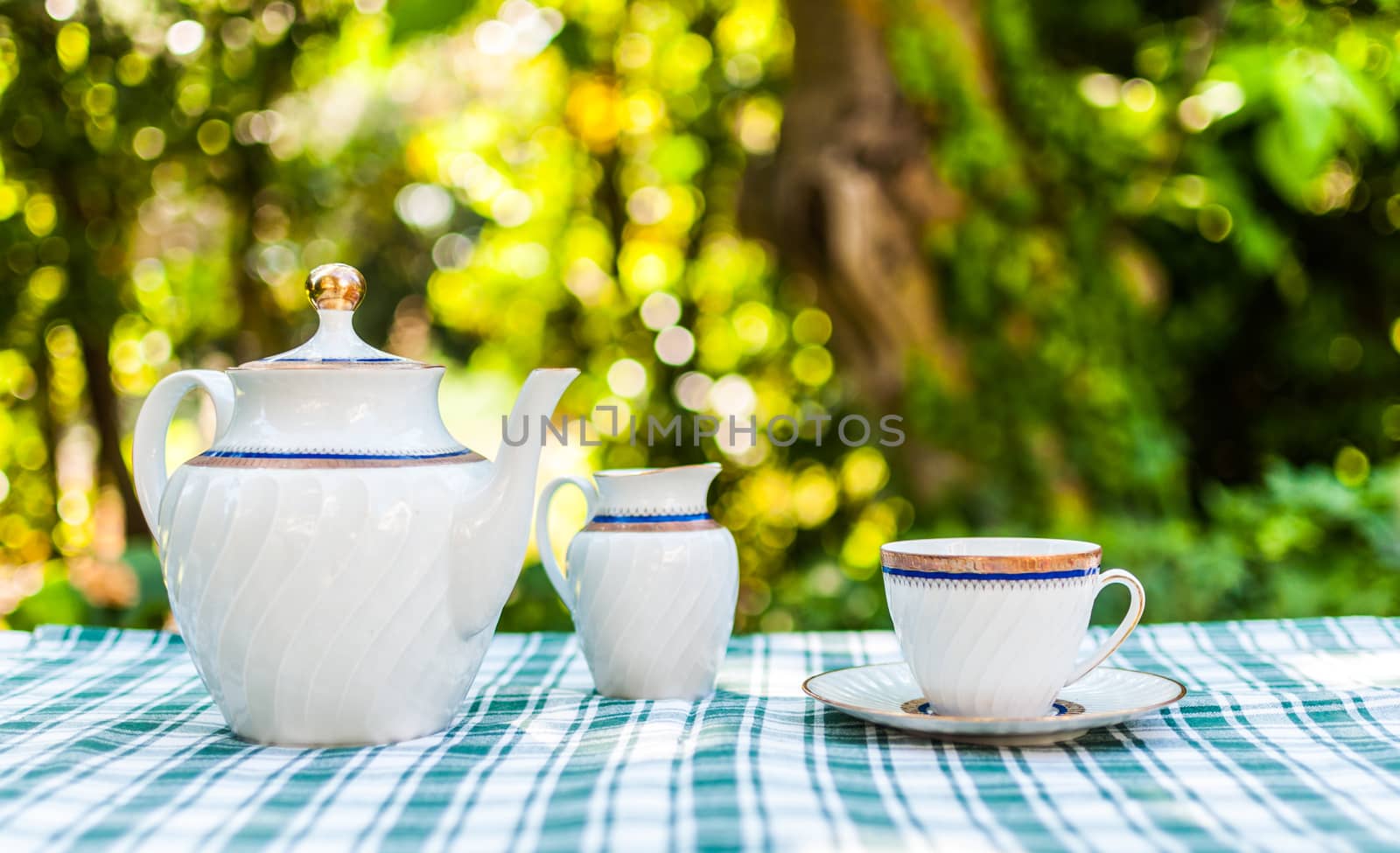 breakfast in the garden with a tea set on the table