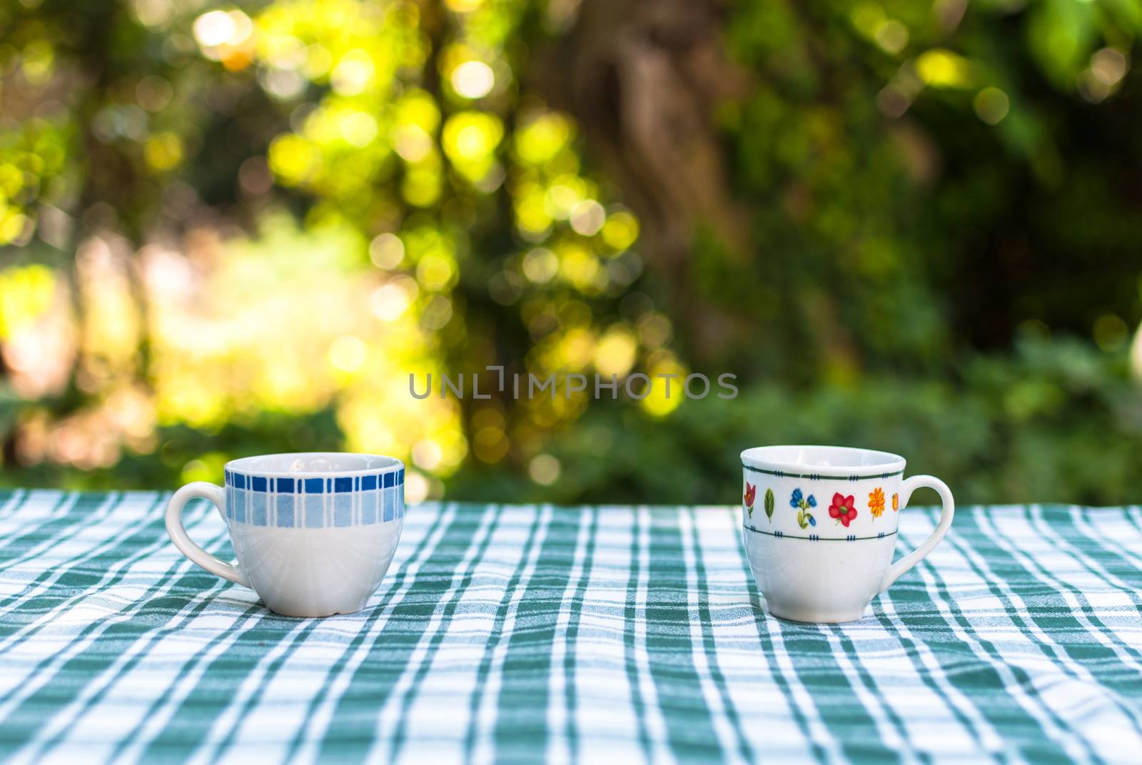 Two little cups of coffee on a table in a garden