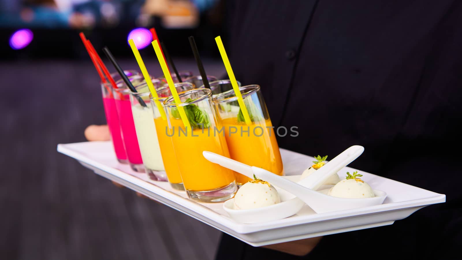 Set of different vegetable juices on the bar. The concept of healthy food